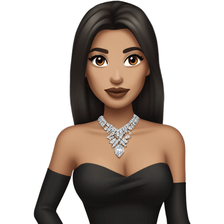 Brunette woman pale tan skin tone. Blowdried layered bouncy. Diamond earrings and necklace big lips. Kim k and kylie look alike. Black elegant dress emoji