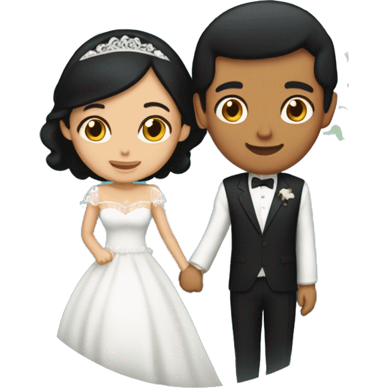 bride with black hair and medium-tan skin, and groom with black hair and fair skin, both inside a globe holding hands emoji