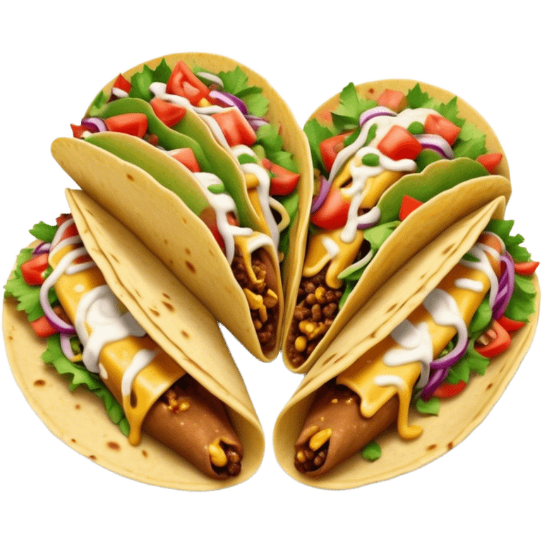 Cinematic vibrant tacos, warm soft shells filled with flavorful meats, fresh vegetables, cheese, and zesty salsa, colorful and lively, ultra-detailed and appetizing. emoji