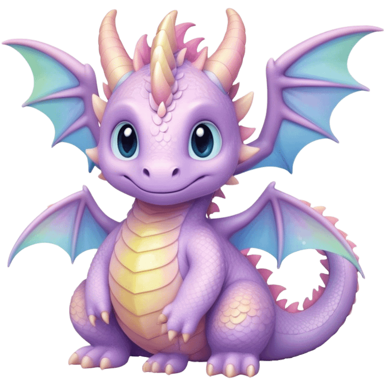 Cinematic fluffy pastel dragon, tiny round wings, chubby feet, sparkling gentle eyes, delicate glowing scales, soft colors blending magically, enchanting and whimsical. emoji