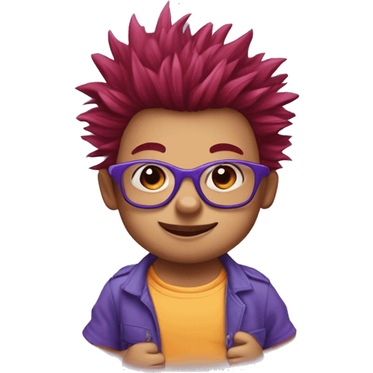 a red-haired one year baby with spiky hair and only 2 front teeth wearing purple square glasses and a blue shirt with red trim emoji