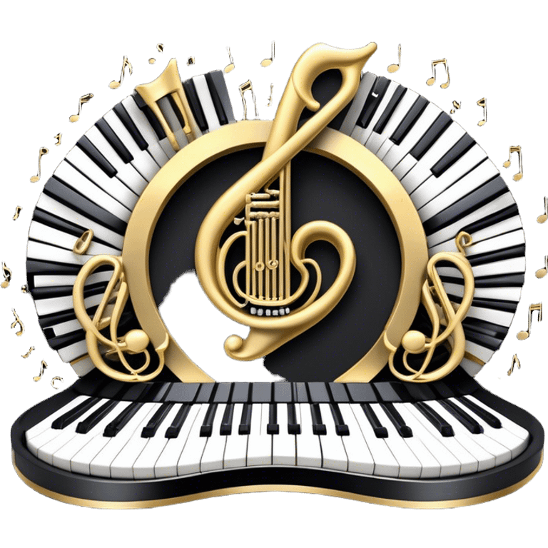 Create an elegant and festive emoji collage representing keyboard instruments, styled like a heraldic emblem. The design should feature a central focal point of black and white piano keys, arranged in a semi-circular or shield-like shape. Around the piano keys, add intertwining musical notes that form flowing ribbons, creating a dynamic and celebratory atmosphere. The design should be professional, with polished silver and gold accents on the keys and notes, highlighting the luxury and sophistication of the instruments. Add subtle shading and lighting effects to give the design a refined, 3D appearance. The background should remain transparent, and the overall feel should evoke grandeur, artistry, and a sense of celebration. emoji