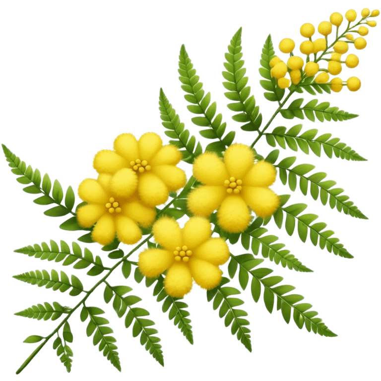 Cinematic Realistic Acacia Emoji, Bright and cheerful, with clusters of fluffy yellow flowers blooming along delicate branches. The wattle’s soft, fern-like leaves sway in the breeze, radiating a sense of warmth and joy. Soft glowing outline, capturing the essence of Australian sunshine, warmth, and beauty in a vibrant acacia tree! emoji