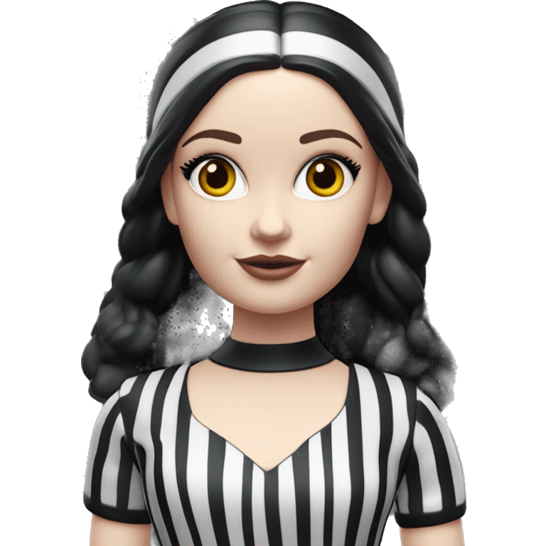 Malibu Barbie, 1965 Wednesday Addams from academy, in dark-gray and black striped outfit with hat. Smiling Driving Mercedes convertible sports car. Pale-white porcelain skin.  emoji