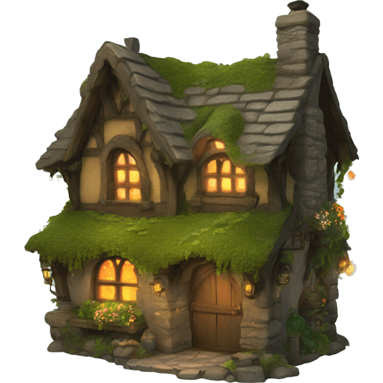 A cozy fantasy cottage made of stone and wood, covered in moss, vines, and flowers. The windows are aglow with firelight. emoji