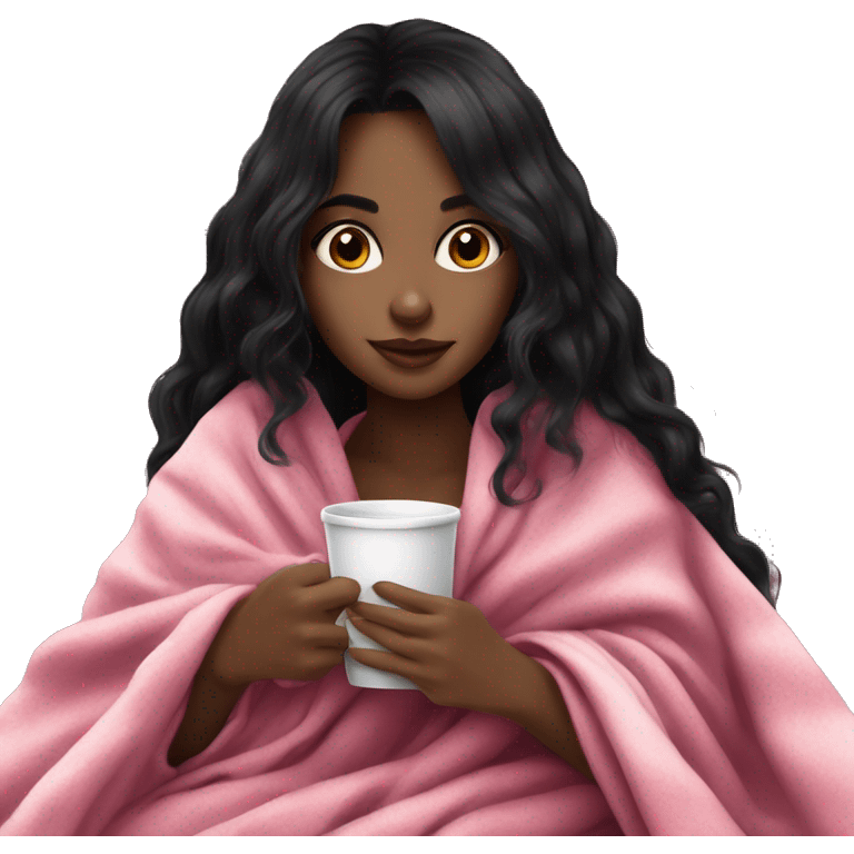 very long black hair pretty dark girl in a pink blanket sipping coffee emoji