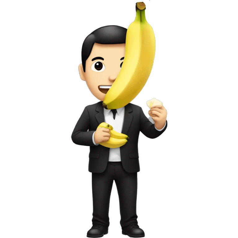 An Asian man in a black suit and black shirt with a banana in his hand is eating it emoji