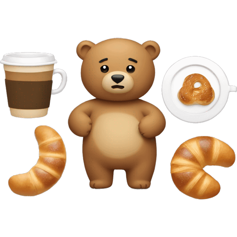 Bear with bagel, croissant and coffee emoji