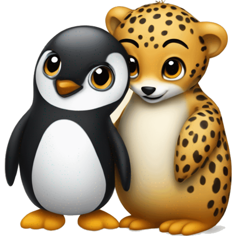 A very small cheetah being hugged by a penguin emoji