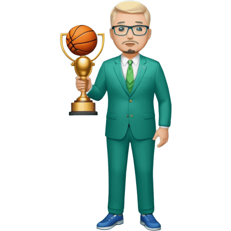 Full Body white fat male  wearing glasses with a goatee with light blonde gray very short hair basketball head Coach in blue and green suit holding trophy emoji