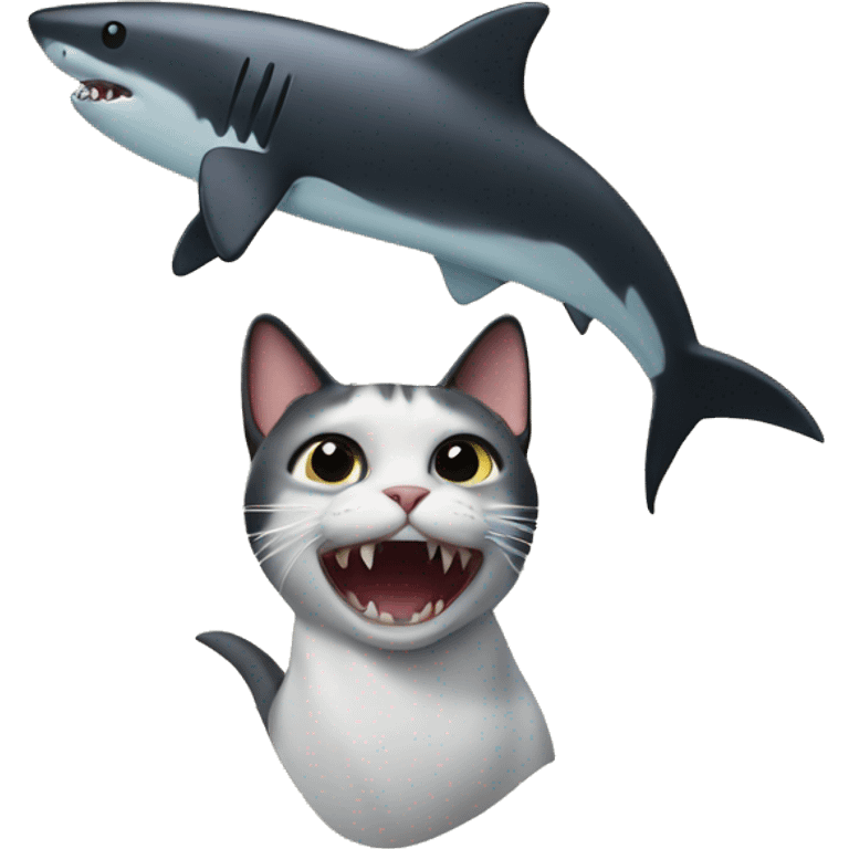 Cat with shark head and black tail and shark on top emoji