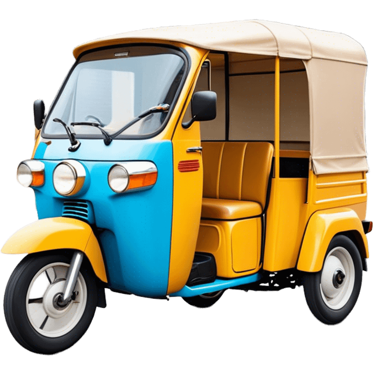 Cinematic Realistic Tuk Tuk Emoji, depicted as a vibrant iconic three-wheeled vehicle with bold colors and a compact design, rendered with crisp textures and dynamic urban lighting that captures its quintessential Thai charm. emoji