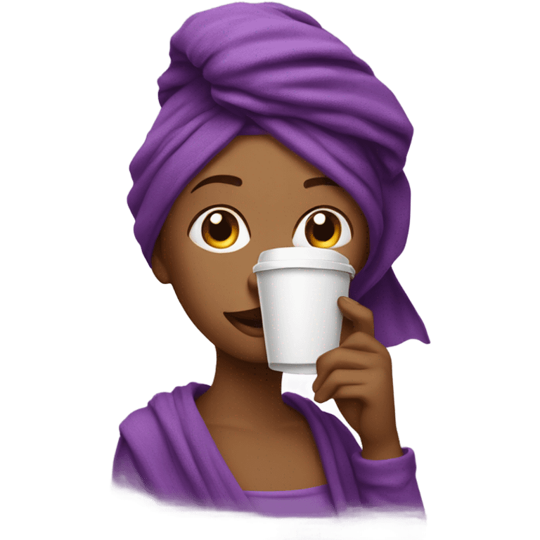 beautiful girl with a purple towel on her head drinks coffee emoji