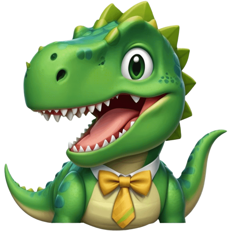 laughing face of a dinosaur with a tiebow emoji