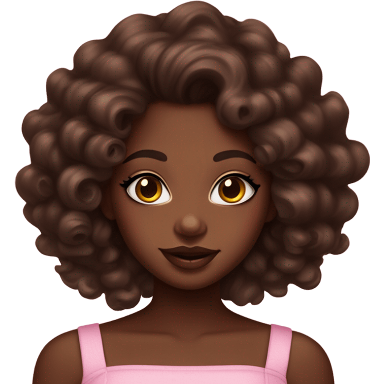 Chocolate dark skin girl with long curly dark brown hair, brown lip liner and  pink gloss on lips, gorgeous radiant skin emoji