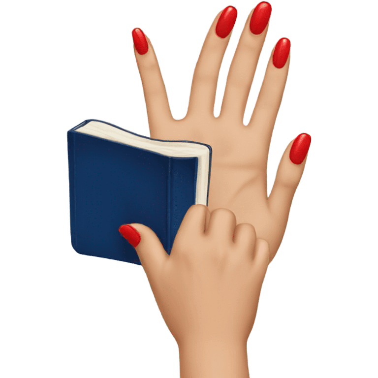 a hand with a red manicure holds a dark blue diary emoji