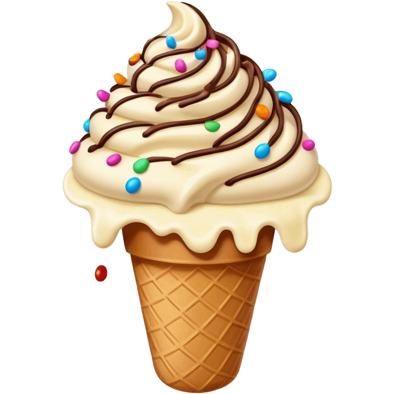 Cinematic scoop of rich, creamy ice cream, slightly melting, smooth swirls of chocolate and vanilla, colorful sprinkles on top, warm glowing background, playful and inviting. emoji