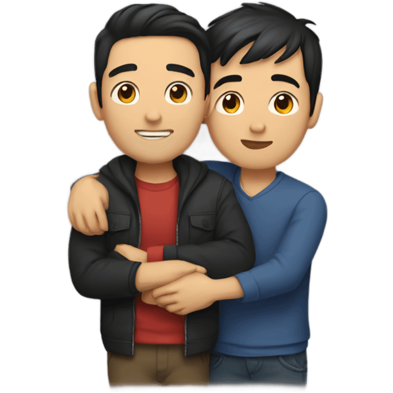 Dark haired Man and Asian man hugging  emoji