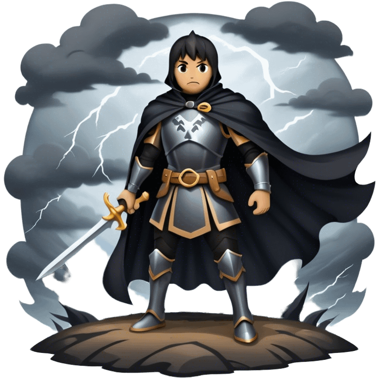 A shadowy knight with a black cape, standing in a stormy battlefield emoji