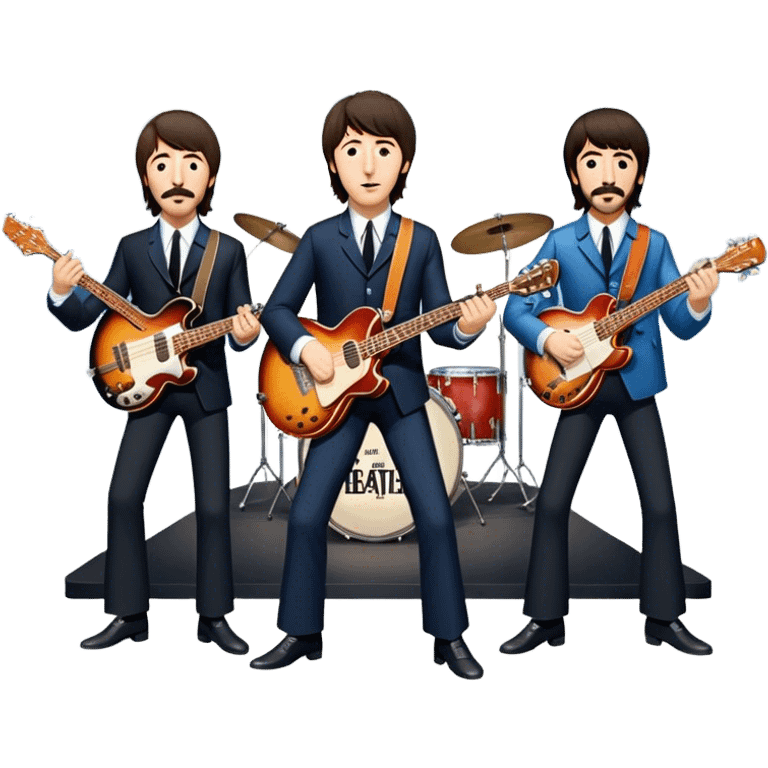 Rock music icon: The Beatles performing live on stage. John Lennon with guitar, Paul McCartney with bass, George Harrison with guitar, Ringo Starr on drums. Bright lights, energetic performance. Transparent background. emoji