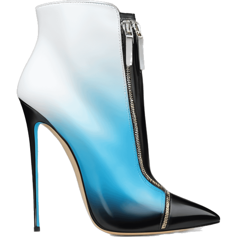 Realistic isolated top view of a pair of white,sky blue,and black ombre Jimmy Choo Stiletto Heel Zippered ankle bootie boots  emoji