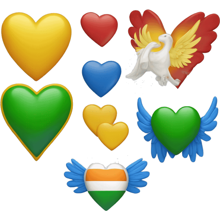 Yellow heart, green heart, Irish flag, blue heart, wings around red heart in a row emoji