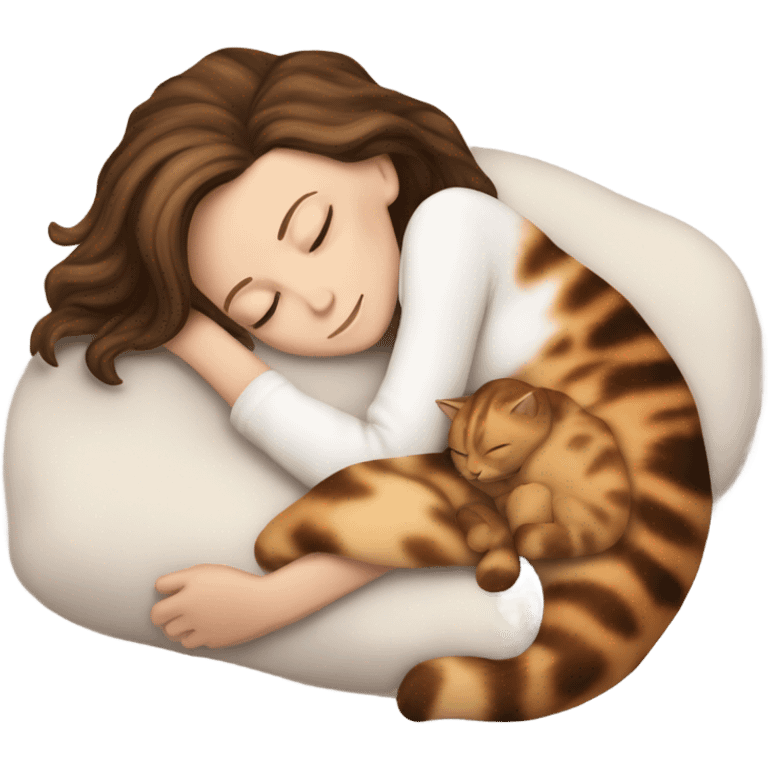 White girl brown hair sleeping with tortoiseshell kitty emoji