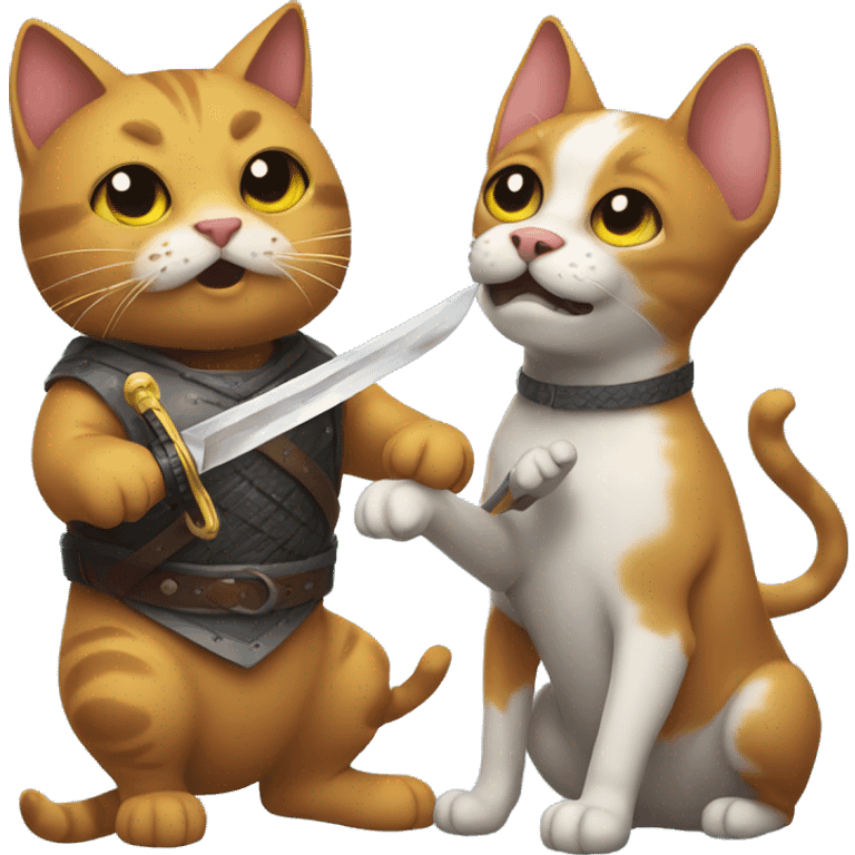 Cat holding a sword fighting a dog holding a knife emoji