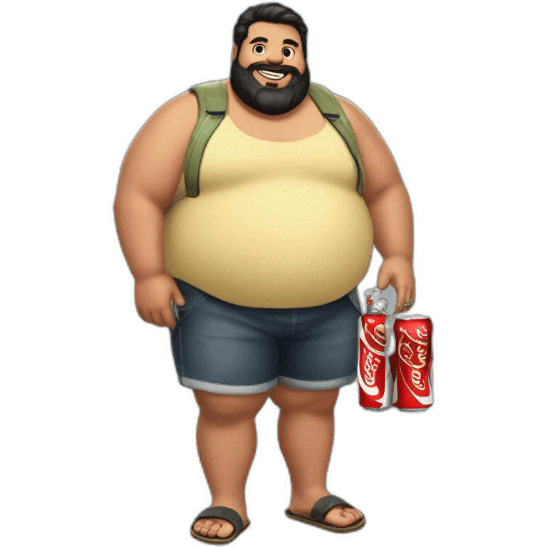 fat man in flip-flop shorts, black hair and beard holding a bottle of Coca-Cola emoji