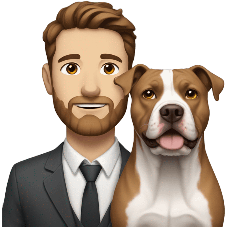 white male with dark brown hair and a lightly scruffy beard shadow standing alongside a white and brown pitbull emoji