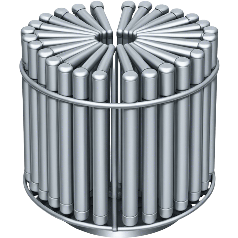 A bundle of thin uranium fuel rods used in a nuclear reactor, with a metallic silver or gray structure, cylindrical and slender rods, arranged in a hexagonal grid, realistic and industrial style, no green color, only metallic shades emoji