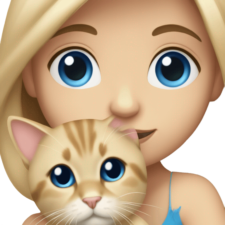 brunette girl blue eyes holding blonde cat emoji