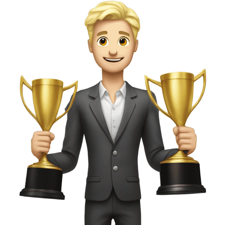 Blonde man holding a baby, standing next to 2 trophies emoji