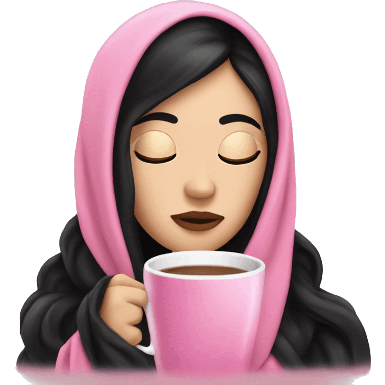 white girl with black straight hair inside a pink blanket sipping coffee eyes closed emoji