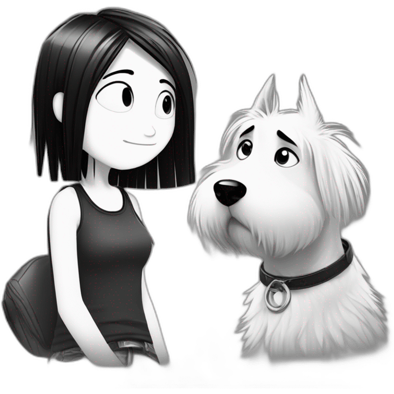 a dog and a girl with black spiky hair looking at each other in style of ((sarah andersen)), black and white,sarah andersen,cartoon,drawn,sketch emoji