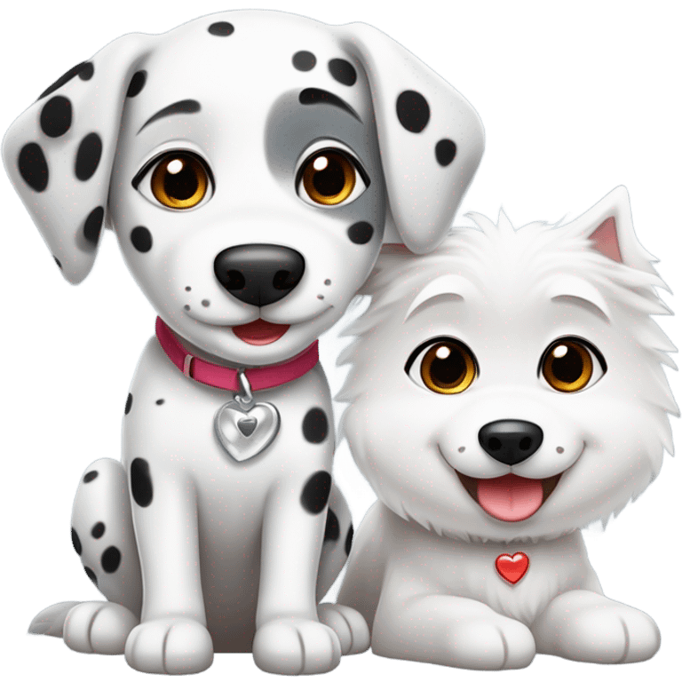 kawaii style, dalmatian, white and grey siberian husky, in love emoji