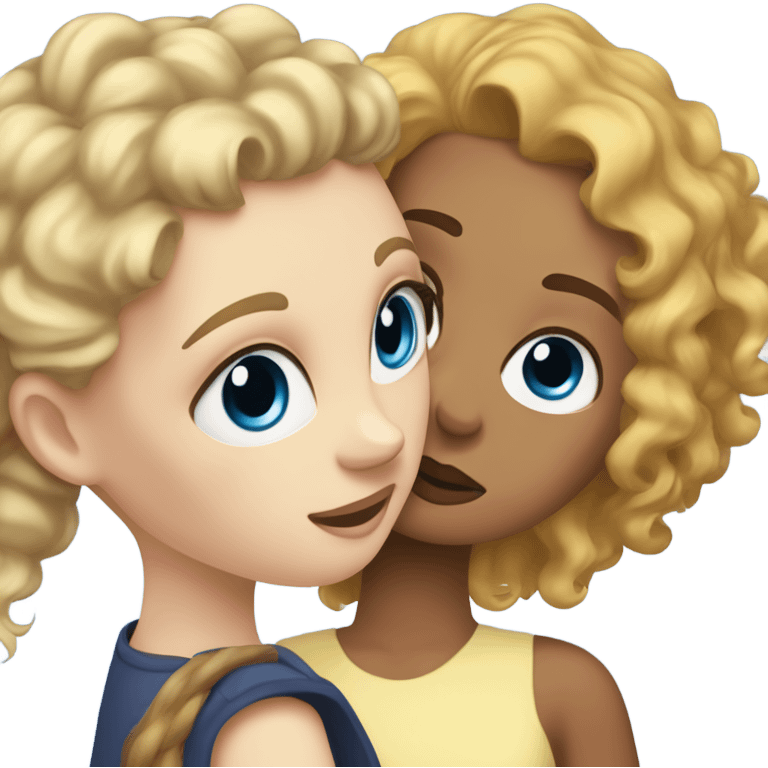 White girl with wavy blonde hair and blue eye hugging a mixed girl with a curly ponytail and hazel eyes emoji