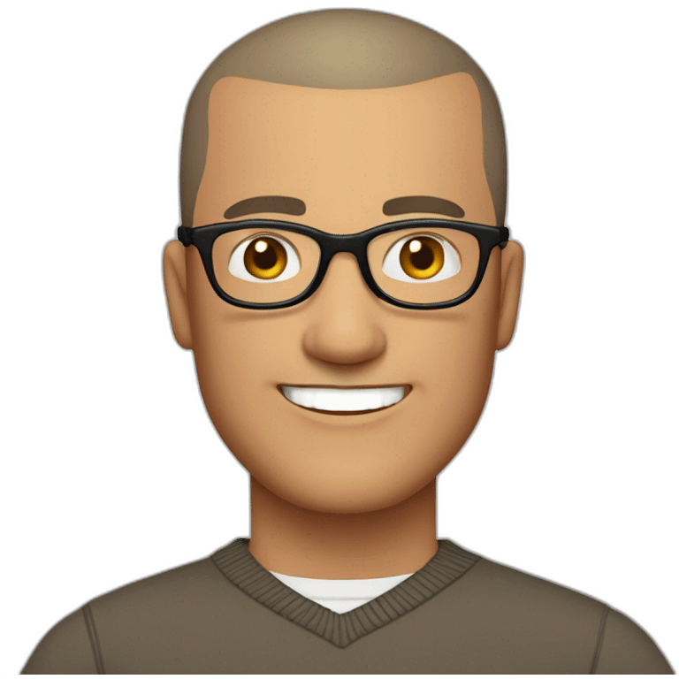 Middle age man with buzz cut hair, thick frame glasses, with broad smile, wearing a v-neck sweater emoji