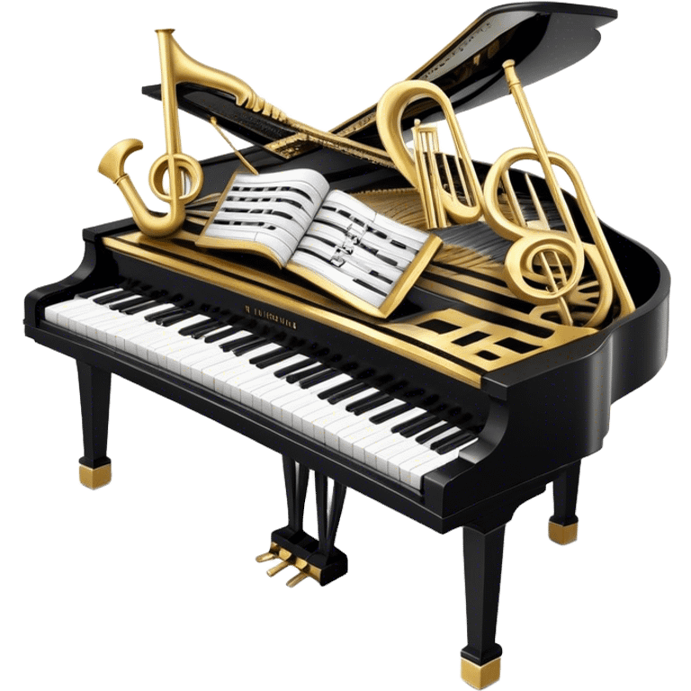 Create an elegant and festive emoji collage representing keyboard instruments, styled like a heraldic emblem. The design should feature a central focal point of black and white piano keys, arranged in a semi-circular or shield-like shape. Around the piano keys, add intertwining musical notes that form flowing ribbons, creating a dynamic and celebratory atmosphere. The design should be professional, with polished silver and gold accents on the keys and notes, highlighting the luxury and sophistication of the instruments. Add subtle shading and lighting effects to give the design a refined, 3D appearance. The background should remain transparent, and the overall feel should evoke grandeur, artistry, and a sense of celebration. emoji