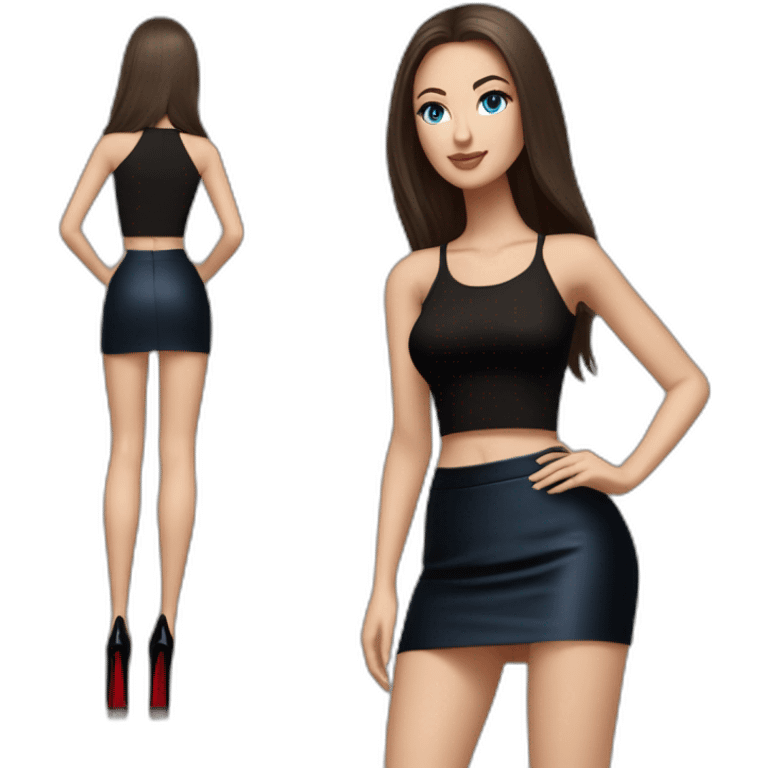 realist caucasian long dark brown, blue eyes woman, black crop top black tight mini skirt, High heel black patent louboutin, full body emoji