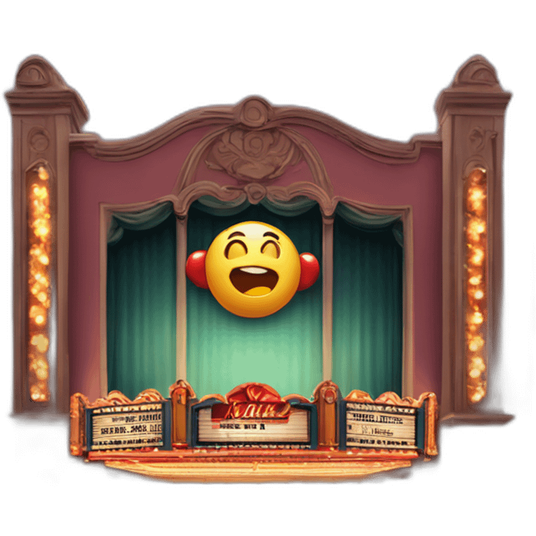 Movie theater with lights shining upward from left and right and a big sign displaying the movies playing emoji