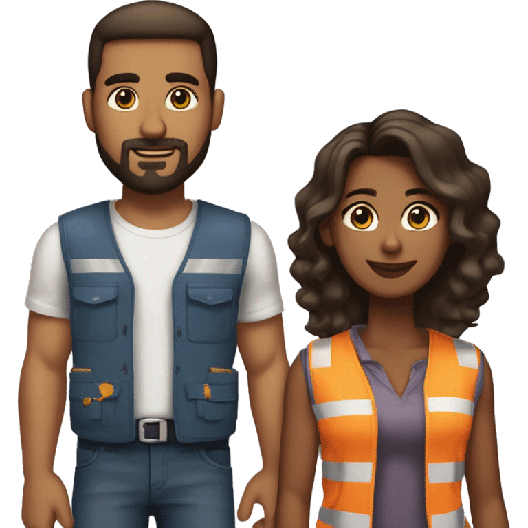 Beautiful black woman hair cut in a Bob wearing construction vest holding hands couple style with her handsome man who is her boyfriend wearing the same clothes he has a goatee and is slightly taller then her he is also darker she is brown skin  emoji