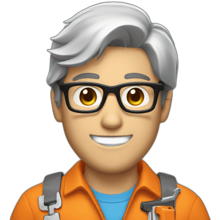 a guy with brown hair, square glasses, an orange repairman's suit, blue eyes, with a chainsaw emoji