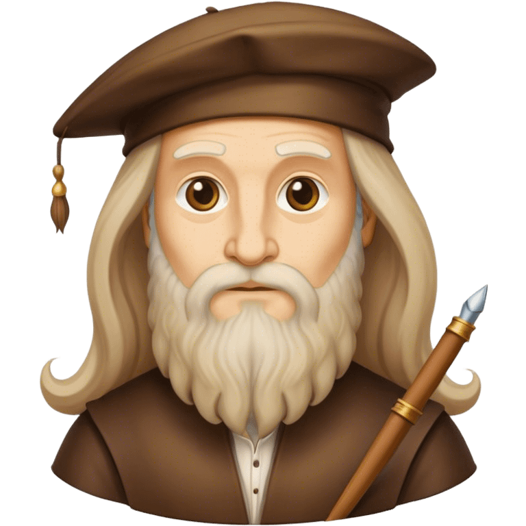 Cinematic Realistic Leonardo da Vinci Portrait Emoji, depicted as the quintessential Renaissance polymath with deep, thoughtful eyes, a flowing beard, and a quill or sketchbook in hand. The scene is illuminated with warm, classical lighting, evoking the atmosphere of a master artist’s workshop, surrounded by early sketches of inventions and masterpieces like the Mona Lisa. emoji