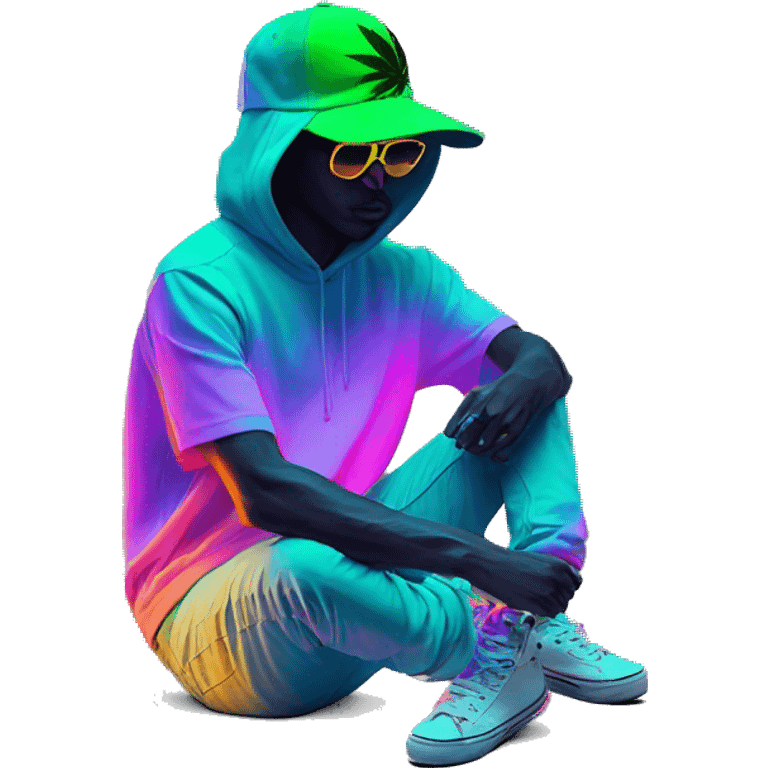 Hemp leaves Multicoloured neon person smoking wearing hoodie dancing hip hop bucket hat tropical Skater fashion aesthetic baggy clothes graphic t shirt 420 emoji