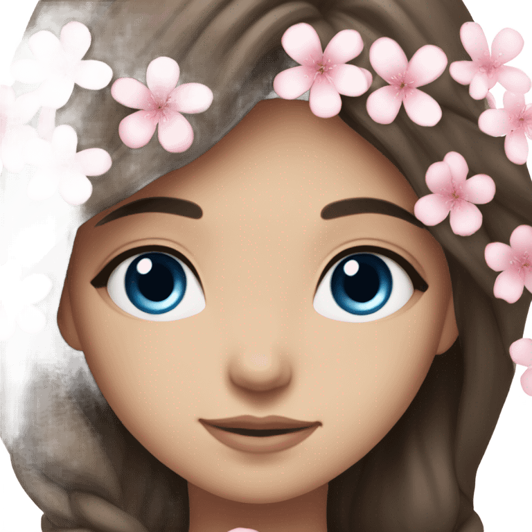 Wedding hair long with sakura bloom beautiful finished brunette girl with blue eyes  emoji