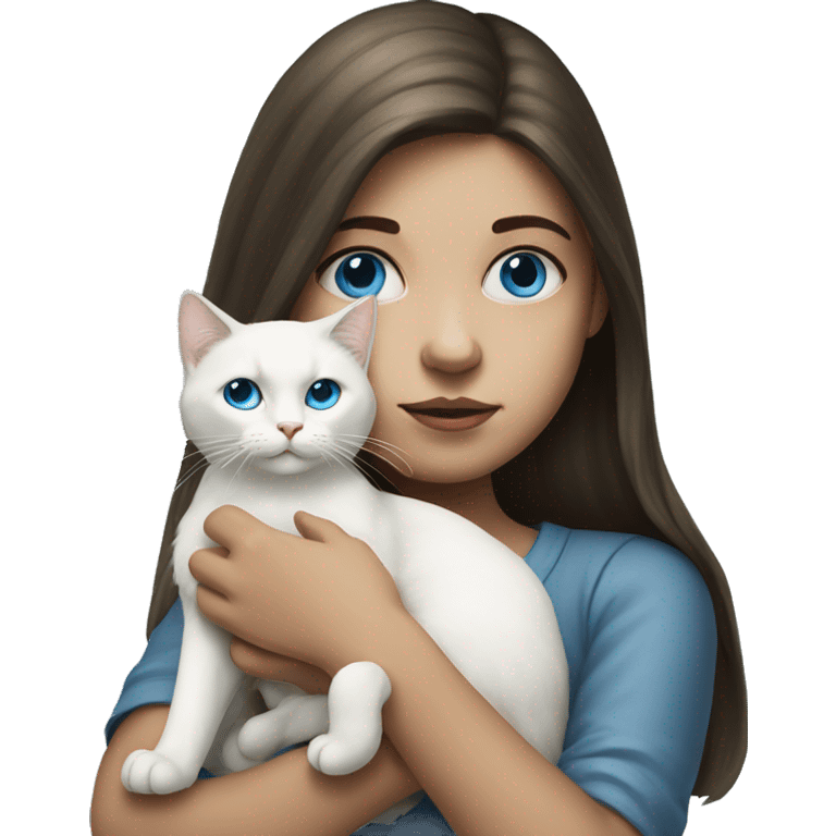 realistic portrait of girl holding a white cat with blue eyes emoji