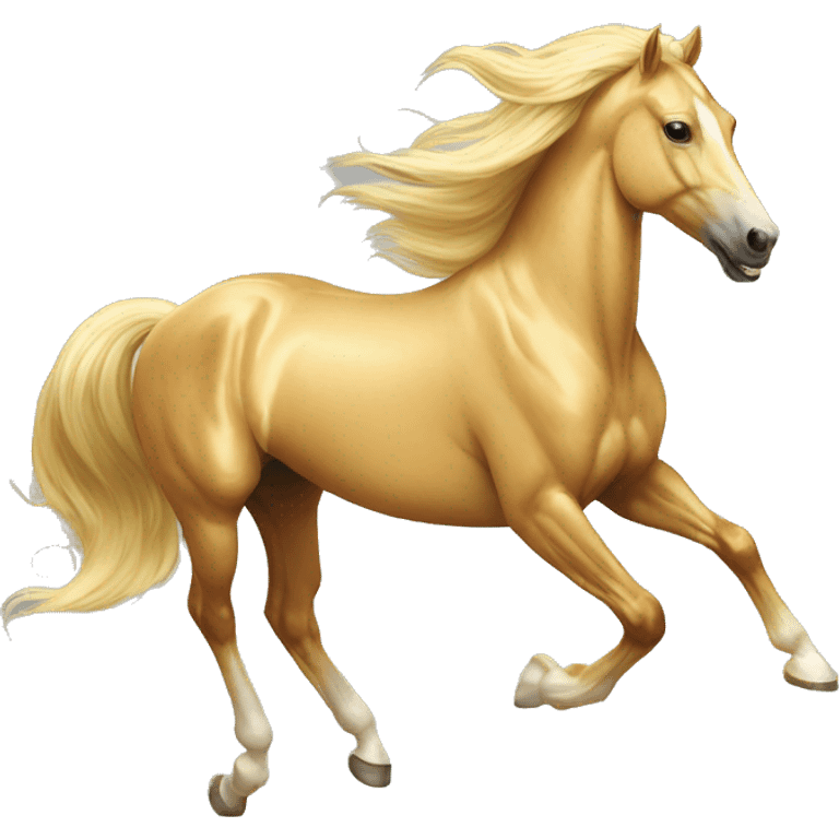 Yellow palomino horse with long flowing mane galloping with prosthetic leg, slender horse, solid yellow horse, running, yellow horse galloping with prosthetic leg, pretty horse emoji