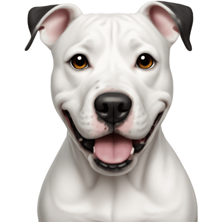 White stafford shire bull terrier with a black nose, a bit of black around his nose and black specks on his ears emoji