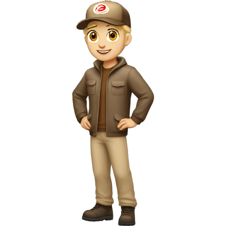 Blonde Delivery boy, full body, light skin tone, wearing brown cap and brown jacket, UPS delivery company uniform loading a package without background emoji